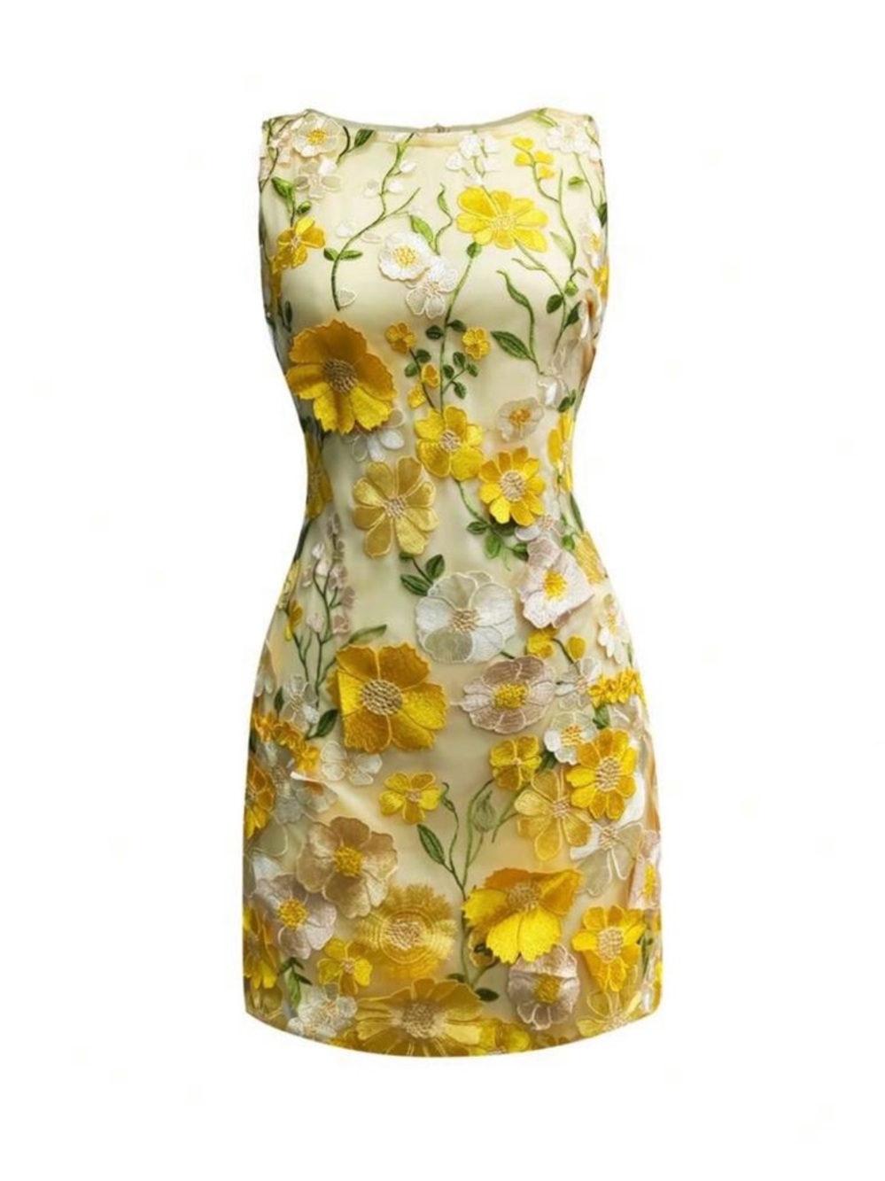 Yellow Floral Embroidered Sheath Dress